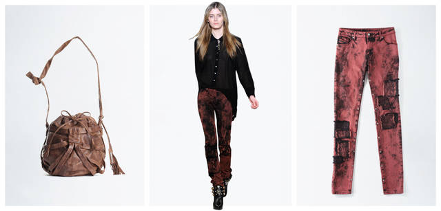 <b>DIESEL BLACK GOLD｜ディーゼル ブラック ゴールド</b>　左／使い込んだように味を出したブラウンレザーバッグは、着こなしをこなれた雰囲気に仕上げてくれるスパイス役。巾着型も新鮮。バッグ [W20×H24×D20cm] 5万400円、中央／トップス 参考商品、デニムパンツ（右と同じ）7万5600円、シューズベルト22万4700円、ブーティ 参考商品、右／カラーデニムをムラ落ちさせて、さらにパッチワーク加工やスタッズをほどこして。これ１本で上級者の着こなしに。デニムパンツ 7万5600円（すべてディーゼル ブラック ゴールド／ディーゼル ジャパン）