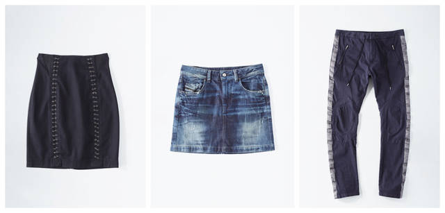 <b>DIESEL BLACK GOLD｜ディーゼル ブラック ゴールド</b>　左／タイトなシルエットでタフ＆グラマーなスタイルに。バックスタイルはダブルジップになっている。ハイウエストスカート5万4600円、中央／デニムミニスカートは、何にでも合わせられる便利アイテム。絶妙に色落ちされたものをセレクトして。デ二ムミニスカート　2万7300円、右／【メンズ】サイドにシルバーラインがほどこされて。膝あてのような加工もポイントに。パンツ3万2550円（すべてディーゼル ブラック ゴールド／ディーゼル ジャパン）
