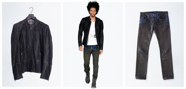 <b>DIESEL BLACK GOLD｜ディーゼル ブラック ゴールド</b>　左／上質なバックスキンを中心に、ディテールには光沢のあるレザーが編み込まれて。スタンドカラーでコンパクトな印象。ブルゾン12万8100円、中央／ブルゾン（左と同じ）12万8100円、Tシャツ1万1340円、デニムパンツ（右と同じ）3万5700円、シューズ8万8200円、右／オイル加工されたようなダメージ感が、上級者に見せてくれる。こなれた着こなしに。デニムパンツ3万5700円（すべてディーゼル ブラック ゴールド／ディーゼル ジャパン）
