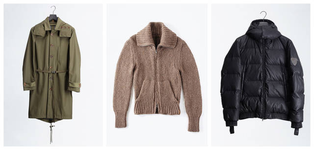 <b>DIESEL BLACK GOLD｜ディーゼル ブラック ゴールド</b>　左／ミリタリーコートは、何にでも合う万能さがうれしい。コート 7万6650円、中央／ローゲージのジップアップニットは、タイトな身頃に少しボリュームのある袖感。ニット5万9850円、右／厚手のダウンは、少しハードな質感がモードにも着こなすことができる。6万3000円（すべてディーゼル ブラック ゴールド／ディーゼル ジャパン）