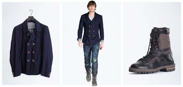 <b>DIESEL BLACK GOLD｜ディーゼル ブラック ゴールド</b>　左／ダブルが新鮮なデ二ムジャケット。大きめのボックスシルエットはリラックスした着こなしにもぴったり。ジャケット8万8200円、中央／ジャケット（左と同じ）8万8200円、中に着たTシャツ 参考商品、デニムパンツ6万7200円、シューズ（右と同じ）8万8200円、右／黒のレザーとブラウンのナイロンを組み合わせた、本格的なワークブーツ。後ろにはジップアップ付き。ブーツ 8万8200円（すべてディーゼル ブラック ゴールド／ディーゼル ジャパン）