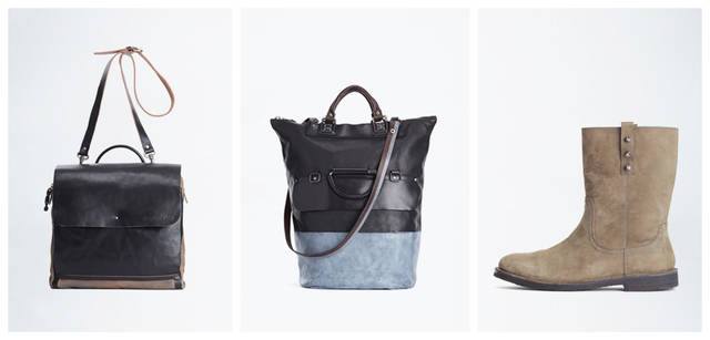 <b>DIESEL BLACK GOLD｜ディーゼル ブラック ゴールド</b>　左／ニュアンスの違うレザーを組み合わせた、雰囲気のあるカラーレンジ。手提げにもメッセンジャーにもなる2ウェイ。バッグ [W35×H37×D10cm] 4万2000円、中央／ブラック×ブルー×ブラウンのレザーの組み合わせがモダン。フロントのハンドルを使って横長のバッグとしても使える。バッグ[W32×H61×D28cm] 10万6050円、右／ワークブーツもサイドの金具使いでモダンな表情。ブーツ 4万5150円（すべてディーゼル ブラック ゴールド／ディーゼル ジャパン）