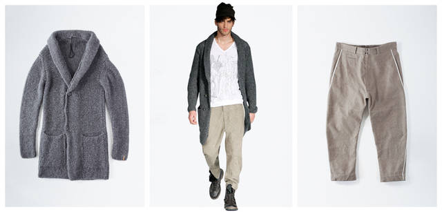 <b>DIESEL BLACK GOLD｜ディーゼル ブラック ゴールド</b>　左／膝上ロング丈ニットは、アウターとして使いたい。袖口にはさりげなくレザーがあしらわれている。ニット6万3000円、中央／ニット（左と同じ）6万3000円、Tシャツ9240円、パンツ（右と同じ）4万9350円、シューズ8万8200円、右／サルエルパンツも品の良い色を選んで、シックに着こなしたい。パンツ4万9350円（すべてディーゼル ブラック ゴールド／ディーゼル ジャパン）