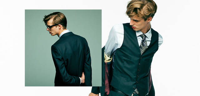 <strong>Paul Smith｜ポール・スミス</strong>　ただ漫然と着るのではなく、自分という唯一の個性を引き立て、盛り上げ、新鮮に見せるスーツという歴史ある服。ポール・スミスはそこに楽しさをプラスする。「ポール・スミス ロンドン」のベーシックな表情が生き生きと新鮮に映えるパターン・オン・パターンのVゾーンは、個性に直結する楽しさがあり、ポール・スミスらしいライニング（裏地）使いの意外性や、玉縁（たまぶち）＝パイピングがほどこされたポケットなど、脱いだときにハッとさせる要素も購買意欲をそそる。<br>スーツ7万8750円、ベスト2万6250円、シャツ1万8900円（すべてポール・スミス ロンドン）ネクタイ1万1550円、シューズ3万9900円（いずれもポール・スミス）その他スタイリスト私物