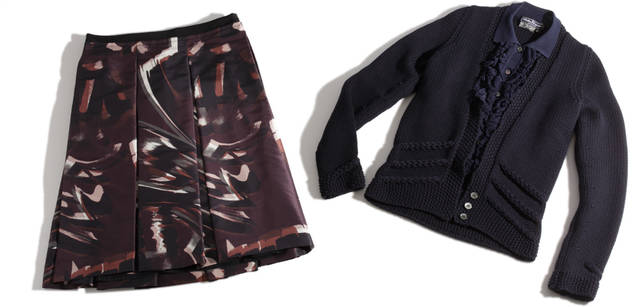 <b>Salvatore Ferragamo｜サルヴァトーレ フェラガモ</b>　一見ブラウスとニットをレイヤードしているように見える、重ね着ふうのカーディガン。さりげなくケーブル編みが入って上品。ニットカーディガン 16万6950円、ひざ丈のプリントスカートはデイリーにどんどん取り入れられる着回しの便利アイテム。スカート 18万2700円（ともにサルヴァトーレ フェラガモ／フェラガモ・ジャパン）