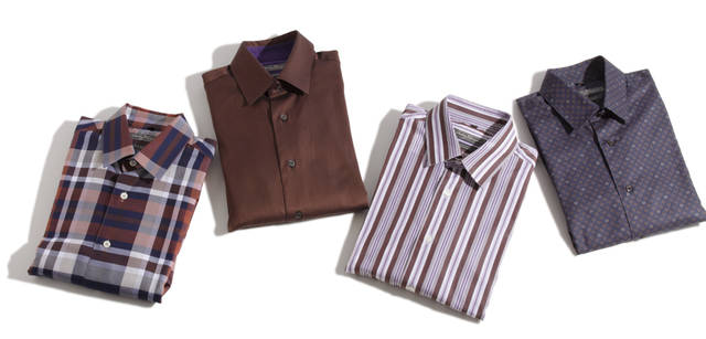 <b>Salvatore Ferragamo｜サルヴァトーレ フェラガモ</b>　いちばん左から、チェック柄でカジュアルな雰囲気を実現。シャツ3万6750円、ブラウンのシャツは、裏地がパープルで鮮やか。シャツ 3万9900円、どんなシーンにも対応できる。ストライプシャツ 3万3600円、一見するとフラワーっぽいのは、じつは「ガンチーニ」柄。シャツ 5万6700円（すべてサルヴァトーレ フェラガモ／フェラガモ・ジャパン）