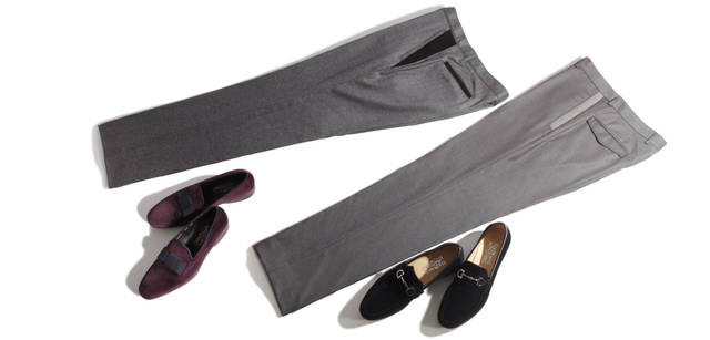<b>Salvatore Ferragamo｜サルヴァトーレ フェラガモ</b>　それぞれのパンツにはポケット口にデザインのポイントが。右下／グログランリボンがテープ状にあしらわれている。5万4600円、シューズ 7万1400円、左上／コーデュロイでパイピングされて。コーデュロイの質感と、オペラパンプスが好相性。パンツ6万3000円、シューズ6万8250円（すべてサルヴァトーレ フェラガモ／フェラガモ・ジャパン）