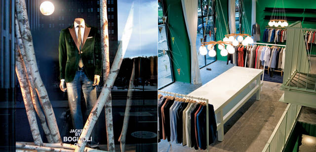 <strong>BOGLIOLI｜ボリオリ</strong> 　左：ニューヨークのバーグドルフ・グッドマンのショウウィンドウ　右：ボリオリ　ショールーム
