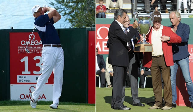 <strong>OMEGA｜オメガ</strong>　左側写真　伝説的ゴルファー グレッグ・ノーマン / 右側写真 グレッグ・ノーマン（右端）とオメガのウルクハート社長（左端）。