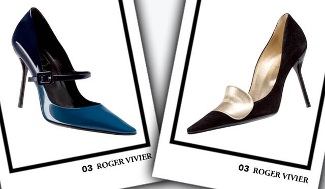 <strong>ROGER VIVIER｜ロジェ ヴィヴィエ</strong>　左／ストラップシューズ[H8.5cm]　 9万9750円、右／パンプス[H10cm]　 11万4450円（ともにロジェ ヴィヴィエ／ロジェ ヴィヴィエ阪急うめだ本店5Fインターナショナルブティック）