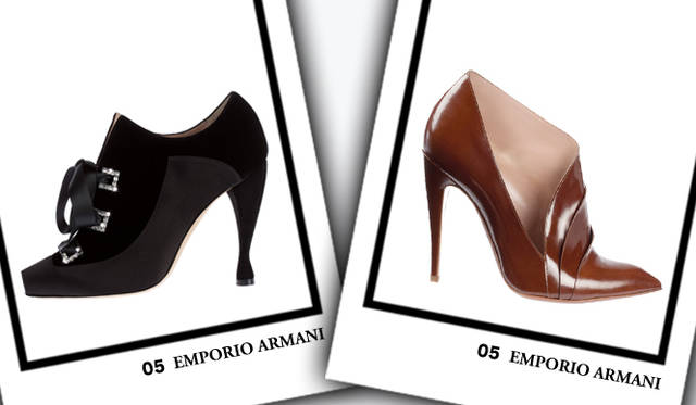 <strong>EMPORIO ARMANI｜エンポリオ アルマーニ</strong>　左／レースアップブーティ[H11cm]　8万9250円、右／ブーティ[H11cm]　6万8250円（ともにエンポリオ アルマーニ／ジョルジオ アルマーニ ジャパン）