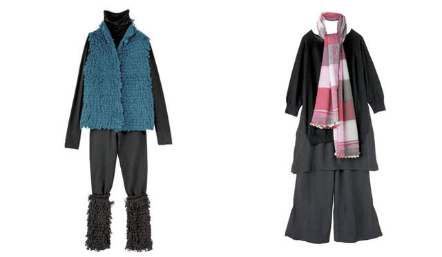 <strong>Y’s for living｜ワイズフォーリビング</strong>　（左）上からベスト 1万9950円、ハイネックシャツ 1万3650円、スリムパンツ 1万2600円、レッグウォーマー 7140円　（右）上から チュニック 1万3650円、パンツ 1万6800円、ストール 8400円　（／以上ワイズフォーリビング）