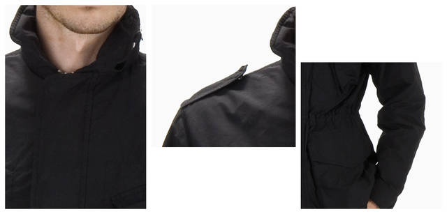 <strong>ASPESI｜アスペジ</strong>　アスペジのシグネチャーアイテムである「M-65」。定番のミリタリーアウターを、アスペジらしく細身に、かつディテールにこだわって仕上げた。左／襟の部分にはベルクロのストッパー付き。中央／さり気ないエポーレット（肩章）づかいは、体型をカバーしてくれる効果もある。右／サイズ調整や防寒用のため、裾とウエストにはドローストリングが付けられている。「DESAFINADO MAN」 11万3400円（アスペジ／アスペジ・ジャパン）