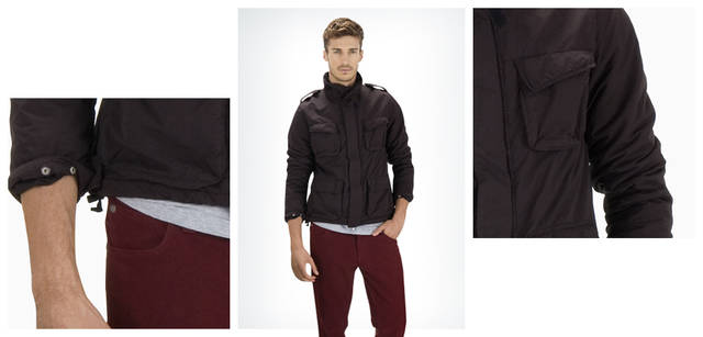 <strong>ASPESI｜アスペジ</strong>　アスペジの「M-65」のなかでも、もっとも細身で丈も短くコンパクトに作られているのがこの「DAKAR WINTER」モデルだ。名前の示すとおり、冬の砂漠用フィールドジャケットである。イタリア本国の特殊な釜を使って製品染めされており、独特のくたっとしたニュアンスに仕上がっている。裾の部分のドローストリングや、トリプルステッチなどにも注目したい。「DAKAR WINTER」 8万850円、パンツ 2万3100円、Tシャツ 1万500円（すべてアスペジ／アスペジ・ジャパン）