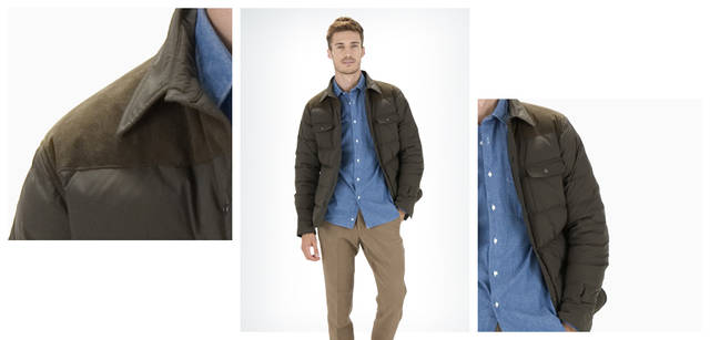 <strong>ASPESI｜アスペジ</strong>　ナイロン素材を使用したシャツ型のブルゾンは、ショルダー部分がスエードになっており、リラックスした雰囲気。中綿のボリュームも程良く、まるでシャツを羽織るかのようにさらっと着こなしたい一着。フロントはスナップ留め。ブルゾン「CLINT SHIRT」 8万1900円、シャツ 1万9950円、パンツ 3万6750円（すべてアスペジ／アスペジ・ジャパン）