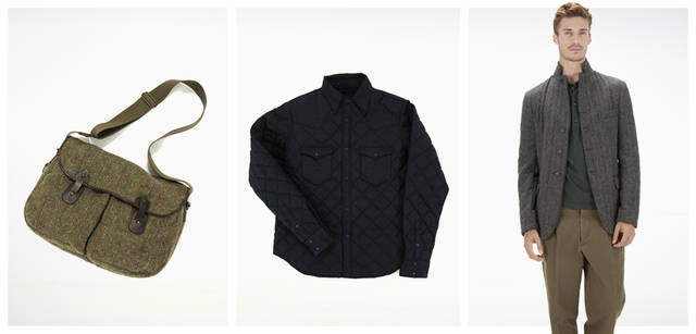 <strong>ASPESI｜アスペジ</strong>　左／着こなしにあたたかみをプラスしてくれるツイード素材のバッグ。気軽にもてるメッセンジャーも、こんなツイード＋レザーづかいだとシックな雰囲気に。バッグ 5万2500円、中央／シャツのデザインを活かし、キルティング加工でアウターに仕上げた。気軽に羽織って。ブルゾン 3万3600円、右／細身に仕立てられた中綿入りジャケットは、カジュアルにもモードにも着こなせる。ジャケット 6万900円、カットソー 2万3100円、パンツ 3万5700円（すべてアスペジ／アスペジ・ジャパン）