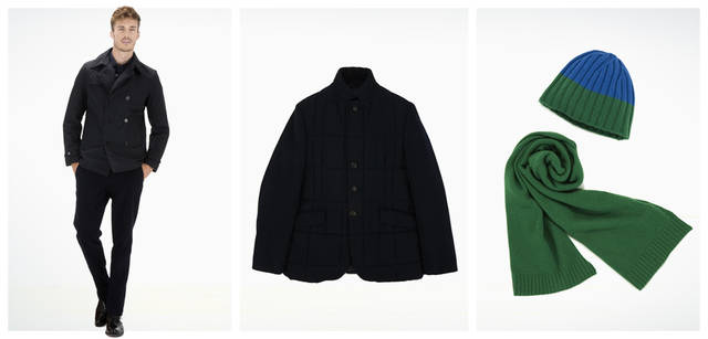 <strong>ASPESI｜アスペジ</strong>　左／“エディターズコート”と業界で囁かれるほど、定評のあるPコート。軽量かつシワがつきにくく、出張や旅行にも適しているのが人気の秘密だ。Pコート「LARRY SEAMAN」 5万4600円、シャツ 3万450円、パンツ 3万450円、中央／ウールキルティングで個性をくわえて。ジャケット 7万9800円、右／コーディネイトの差し色に、こんなカラフルな小物をプラス。ニットキャップ 1万8900円、マフラー 2万5200円（すべてアスペジ／アスペジ・ジャパン）