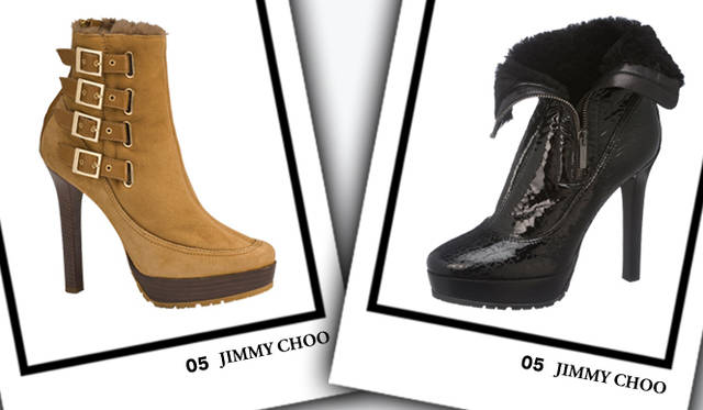 <strong>JIMMY CHOO｜ジミー チュウ</strong>　左／「TAURAS」ブーツ　[H11.5cm]　15万2250円、右／「TRIXIE」ブーツ　[H11.5cm]　13万8600円（ともにJIMMY CHOO）