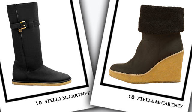 <strong>STELLA McCARTNEY｜ステラ マッカートニー</strong>　左／ムートンブーツ　[H1.5cm]　5万1450円、右／ウエッジソールブーツ　[H9cm]　5万4600円（ともにステラ マッカートニー／ユニット＆ゲスト）