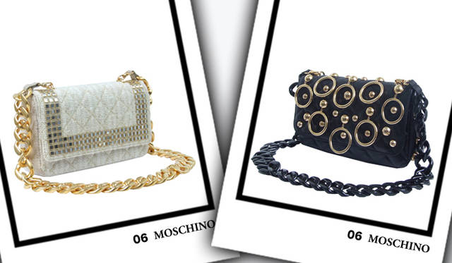 <strong>MOSCHINO｜モスキーノ</strong>　左／バッグ [W28×H16×D7cm]　9万7650円、右／バッグ [W28×H16×D7cm]　13万5450円（ともにモスキーノ／アエッフェ・ジャパン）