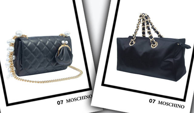 <strong>MOSCHINO｜モスキーノ</strong>　左／バッグ [W30×H17×D7cm]　13万5450円、右／バッグ （参考色・実際はグリーン） [W40×H20×D14cm]　6万7200円（ともにモスキーノ／アエッフェ・ジャパン）