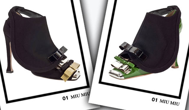 <strong>MIU MIU｜ミュウミュウ</strong>　シューズ　各[H11cm]　8万2950円（左／グリーンリボンは参考色）、カバー 各2万5200円（ともにミュウミュウ／プラダ ジャパン）