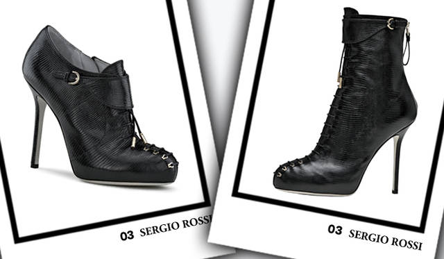 <strong>SERGIO ROSSI｜セルジオ・ロッシ</strong>　左／ブーティ （カーフ・リザード型押し） [H10cm]　11万5500円、右／ショートブーツ （カーフ・リザード型押し） [H10cm]　14万700円（ともにセルジオ・ロッシ／グッチ グループ ジャパン セルジオ・ロッシ ディビジョン）