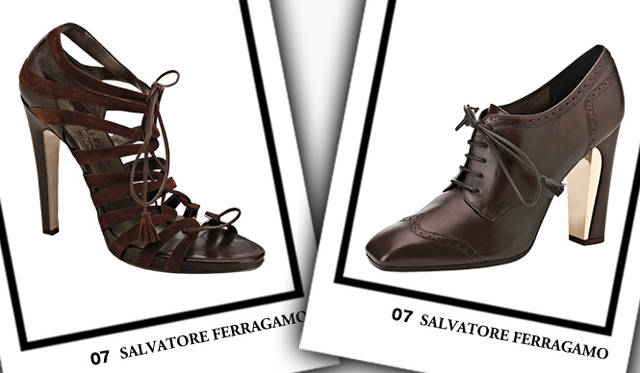 <strong>SALVATORE FERRAGAMO｜サルヴァトーレ フェラガモ</strong>　左／サンダル [H12cm]　9万6600円、右／ブーティ [H10cm]　9万6600円（ともにサルヴァトーレ フェラガモ／フェラガモ・ジャパン）