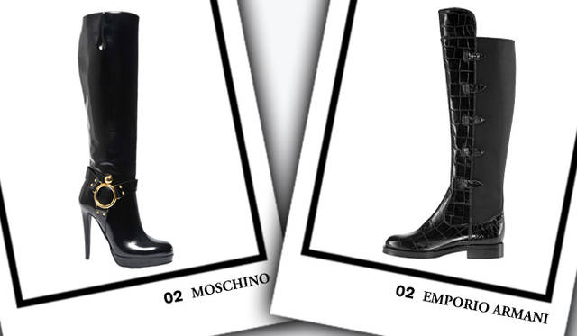<strong>MOSCHINO｜モスキーノ</strong>　ブーツ [H8.5cm]　11万6550円（モスキーノ／アエッフェ・ジャパン）</br><strong>EMPORIO ARMANI｜エンポリオ アルマーニ</strong>　ブーツ [H2cm]　10万5000円（エンポリオ アルマーニ／ジョルジオ アルマーニ ジャパン）