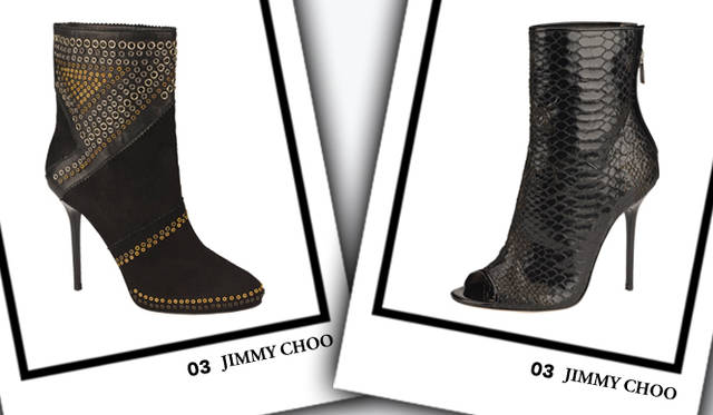 <strong>JIMMY CHOO｜ジミーチュウ</strong>　左／「TYLER」ブーツ [H11cm]　18万9000円、右／「FOLLOW」ブーツ [H10cm]　13万1250円（ともにJIMMY CHOO）