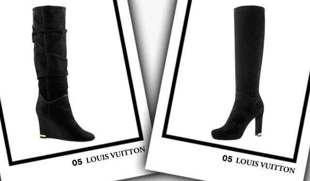 <strong>LOUIS VUITTON｜ルイ・ヴィトン</strong>　左／ウエッジソール 黒ブーツ ケイト・ライン ウエッジハイブーツ [H9cm]　16万1700円、右／黒ブーツ シャロン・ライン ハイブーツ [H7.5cm]　13万8600円（ともにルイ・ヴィトン）　©Louis Vuitton/LB PRODUCTION