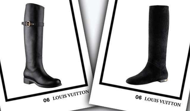 <strong>LOUIS VUITTON｜ルイ・ヴィトン</strong>　左／黒ブーツ スーザン・ライン フラットハイブーツ　17万3250円、右／黒ブーツ シャロン・ライン フラットハイブーツ　13万5450円（ともにルイ・ヴィトン）　©Louis Vuitton/LB PRODUCTION