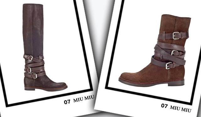 <strong>MIU MIU｜ミュウミュウ</strong>　左／ブーツ [H1cm]　13万5450円、右／ブーツ [H1cm]　11万7600円（ともにミュウミュウ／プラダ ジャパン）