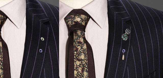 <strong>Paul Smith｜ポール・スミス コレクション</strong>　スーツの命ともいうべきラペル（衿）にほどこされたフラワーホールもステッチカラーの選択が可能。ラペルピンを飾るのもよし、飾らずに見せるのもよし。スーツ19万4250円（individual order / ポール・スミス コレクション）