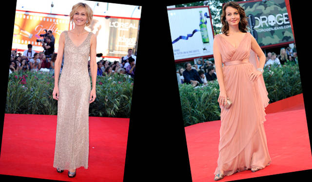 <strong>第67回べネチア国際映画祭｜Ingeborga Darkunaite , Violante Placido｜インゲボルガ・ダプクナイテ、バイオランテ・プラシード</strong>　リトアニアの女優インゲボルガ・ダプクナイテは、アルベルタ フェレッティのシンプルなフォルムのドレスを。イタリア人女優バイオランテ・プラシードはドレープな美しいアルベルタ フェレッティのピンクベージュのドレスを着用。