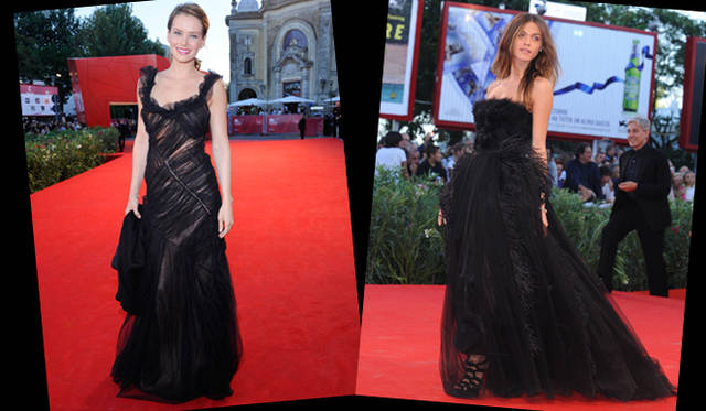 <strong>第67回べネチア国際映画祭｜Andres Osvart , Elisa Sednaoui｜アンドレア・オズヴァルト、エリザ・セドナウィ</strong>　左／ハンガリーの女優、アンドレア・オズヴァルト。アルヴェルタ フェレッティのチュールづかいが可憐なブラックドレスを身にまとって登場。右／エリザ・セドナウィは、映画『Black Swan』のプレミアにて、フェザーとチュールの組み合わせがフェミニンなアルベルタ フェレッティのドレス。