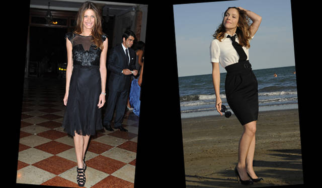 <strong>第67回べネチア国際映画祭｜Elisa Sednaoui , Ｉsabella Ragonese｜エリザ・セドナウィ、イザベラ・ラゴネーゼ</strong>　左／注目のフランス人女優エリザ・セドナウィはフロントとショルダーにポイントのあるアルベルタ フェレッティのブラックドレス。右／イザベラ・ラゴネーゼは今季のモスキーノのドレスを着て。