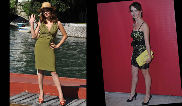 <strong>第67回べネチア国際映画祭｜Violante Placido｜バイオランテ・プラシード</strong>　イタリア人女優バイオランテ・プラシードはモスキーノのドレスがお気に入り。左／グリーンのドレスとオレンジのシューズは好相性。右／レースが重ねられたボディコンシャスなモスキーノ チープ＆シックのドレスに、ブルガリのジュエリーを着けて。