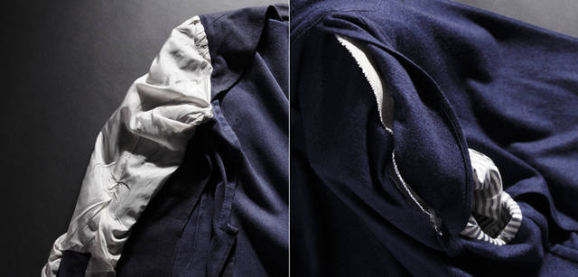 <strong>BOGLIOLI｜ボリオリ</strong>　右｜WIGHTの肩部分はパッドを排し、薄手のキャメル芯のみが用いられる</br>左｜KJACKETは洗い染めした後に袖裏を縫い付けるという手間の掛かる工程を踏む 