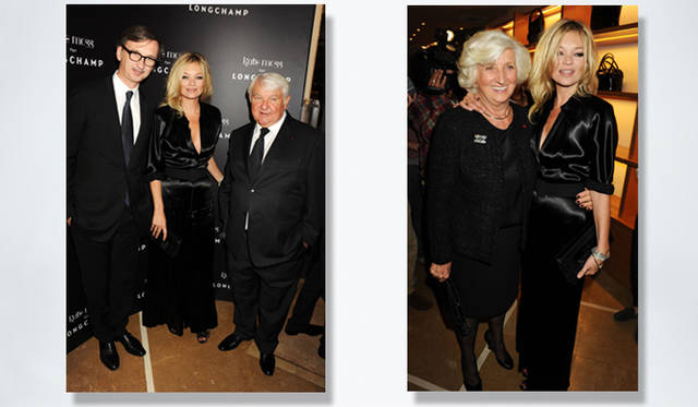 <strong>Kate Moss for LONGCHAMP</strong>　左／ロンシャンCEOのジャン・キャスグラン、ケイト・モス、ロンシャン社長のフィリップ・キャスグラン。右／ロンシャンのブティック・ディレクター、ミシェル・キャスグランとケイト・モス。