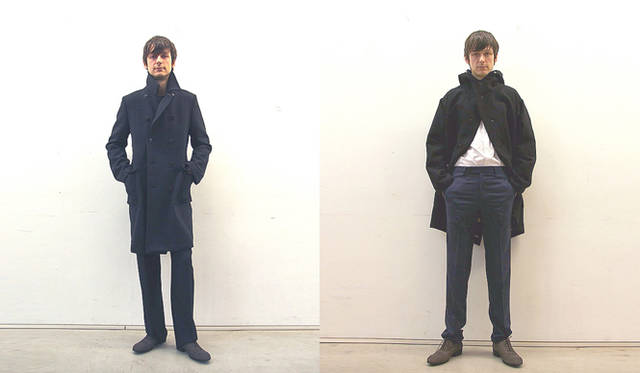 <strong>LYTHA｜リター</strong> 左｜ロングＰコート 6万円、ネイビースラックス 3万1500円、右｜黒フードコート 6万2000円