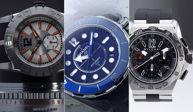 左から<strong>ROGER DUBUIS｜ロジェ・デュブイ</strong> イージーダイバー、<strong>CHANEL｜シャネル</strong> J12 マリン、<strong>BVLGARI｜ブルガリ</strong> ディアゴノ X-PRO
