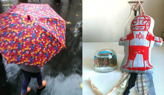 左｜その日の戦利品は、うちの２歳児のはじめてのアンブレラ。18ユーロ。　右｜パリの名所の絵をナタリーが描き、スノーボールに。この絵は絵はがきにもなっている。