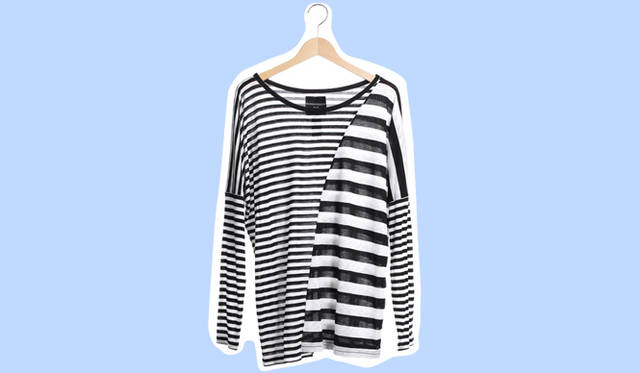 <strong>伊勢丹｜イセタン</strong>　パーツごとにパターンの異なるゆったりサイズのカットソーはボトムスとのボリュームバランスを楽しんで！　ボーダーカットソー　1万9950円　（エシャンティオン ナンバーフォー／伊勢丹新宿店）