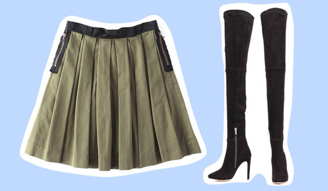 <strong>伊勢丹｜イセタン</strong>　（左）お薦めのミリタリーカラーとひざ下丈がポイントのプリーツスカートはこれひとつでコーディネイトを今年らしくみせてくれる。　スカート　3万4650円（エシャンティオン ナンバーフォー）、（右）股下まであるスエードのサイハイブーツは余りのないタイトなシルエットがセクシーな足もとを演出。　サイハイブーツ　13万5450円（タニア スピネリ）　（／以上伊勢丹新宿店）