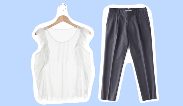 <strong>伊勢丹｜イセタン</strong>　（左）ピュアホワイトのエアリーなフリルブラウスでスタイリングにフェミニニティをプラス。　ノースリーブブラウス　1万9950円（ラナン）、（右）シックなタックパンツを合わせてコーディネイトにクラス感を。　タックパンツ　1万7850円（ヤエカ）　（／以上伊勢丹新宿店）