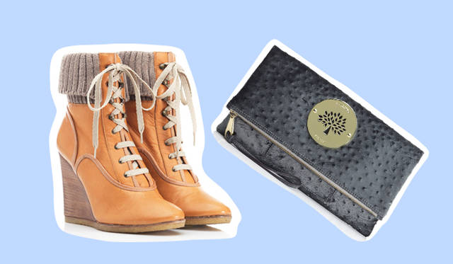 <strong>伊勢丹｜イセタン</strong>　（左）ミリタリーアイテムとして注目を集めるレースアップシューズはライトブラウンが今年らしい。　ブーツ　10万3950円 [H 10cm] （クロエ）、（右）パンツスタイルにはショルダーバッグよりもクラッチバッグを投入することでよりフェミニンな印象を演出。　クラッチバッグ　4万8300円（マルベリー）　（／以上伊勢丹新宿店）