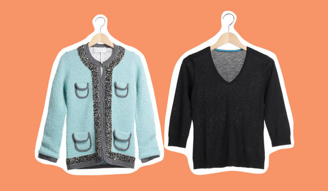 <strong>BARNEYS NEW YORK｜バーニーズ　ニューヨーク</strong>　左／“SWEETフレーバー”なミントグリーンのニットジャケットはクラシカルなデザインとフレッシュな色の組み合わせがいままでとはちがうレディスタイルを演出。ニットジャケット 4万4100円（ディディ グランジィ／バーニーズ　ニューヨーク銀座店）、右／個性的なニットジャケットの下にはシンプルなVネックを合わせて女性らしさをプラスして。　Vネックニットトップス 3万450円（バーニーズ　ニューヨーク／バーニーズ　ニューヨーク新宿店）