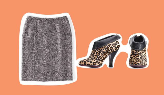 <strong>BARNEYS NEW YORK｜バーニーズ　ニューヨーク</strong>　左／クラシカルなツイードのタイトスカートは今季注目のアイテム。着まわしのきくシンプルなデザインも魅力！　タイトスカート3万450円（キヨミ サイトウ×バーニーズ ニューヨーク）、右／コーディネイトのアクセントとなるレオパードパターンは女性らしいシルエットのものをチョイスし、エレガントにまとめて。レオパードブーティ 5万3550円（ロートレ ショーズ）（ともにバーニーズ　ニューヨーク新宿店）