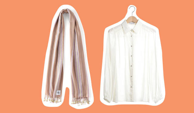 <strong>BARNEYS NEW YORK｜バーニーズ　ニューヨーク</strong>　左／縦のシルエットを重視したスタイリングでは首に巻くのではなく、垂らすのが正解。ベルトでウェストを絞ってもいいだろう。ストール 3万7800円（ニムニム）、右／“BITTER”なコーディネイトに合わせるなら女性らしいシルクのブラウスをチョイス。これひとつでエレガンスを表現してくれる今季のマストハブアイテム。ブラウス 2万1000円 ※別途ボウタイ付き （バーニーズ　ニューヨーク）　（ともにバーニーズ　ニューヨーク新宿店）